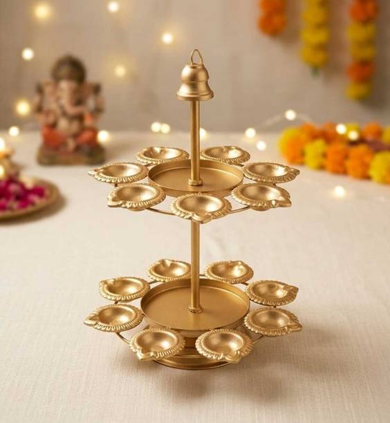 OPULENT GALLERY Metal Diya Urli Set 2 Layer (14x10 Inch) | 15 Oil Lamps Iron Table Diya Set