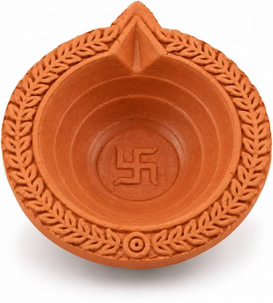 Inlightsky InlightSky Swastik Terracotta Diya Pack | Leaf Design Clay Diya | Diwali Puja Earthenware, Terracotta Table Diya Set
