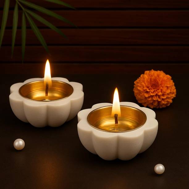 MM Handicraft Marble Brass Diya with Premium Marble Base & Finish Metal Holder Brass (Pack of 2) Table Diya Set
