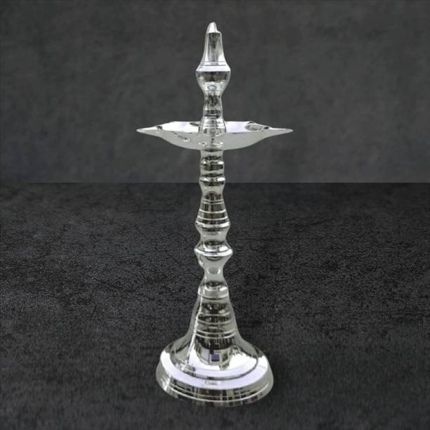 STOTRAM Silver Plated Kerala Samai Oil/Ghee Diya, Lamp Long Deepak for Home,1 PcS Silver Plated, Brass Table Diya