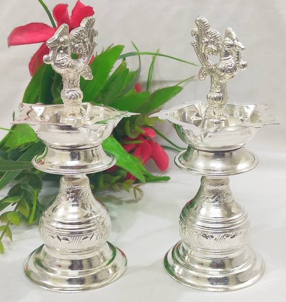 Samukkaras Fashion Samukkaras Pure German Silver Peacock Design Kuthuvilakku set for Home Silver (Pack of 2) Table Diya Set
