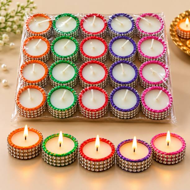 Grihva Decorative Multicolor Tealight Clay Diya Embellished Terracotta (Pack of 25) Table Diya Set