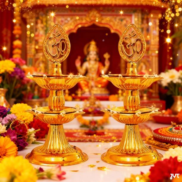 JYT Om 2 Layer Electric Gold LED Lamp (Pack of 2) Plastic (Pack of 2) Table Diya Set
