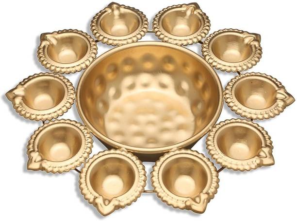 Tia Crafts Decorative Metal Diya, Traditional Diya Urli Tealight Holder (Small - 10 Inch) Brass Table Diya