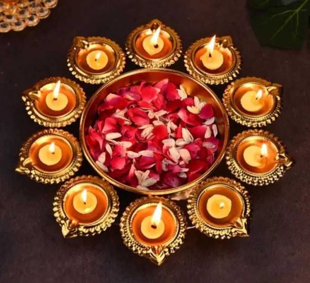 Hinagift Handicraft Home Decorative Metal Diya Urli Iron Table Diya Set