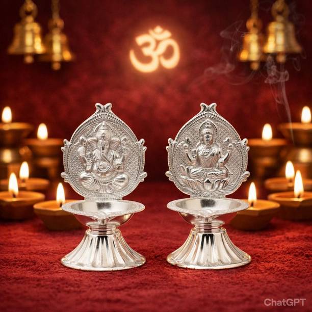 Abhiksha Creations Ganesha & Lakshmi Diya Set | Traditional Temple Vilakku Combo for Pooja Silver Plated (Pack of 2) Table Diya Set