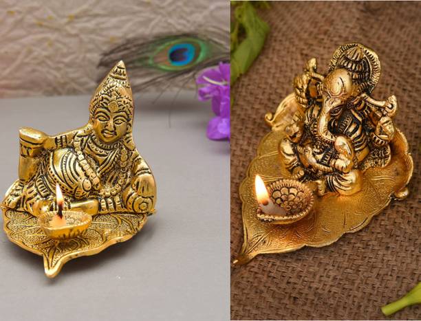 Chhariya Crafts Metal Kuber Diya Ganesh Diya Deepam Aluminium (Pack of 2) Table Diya Set