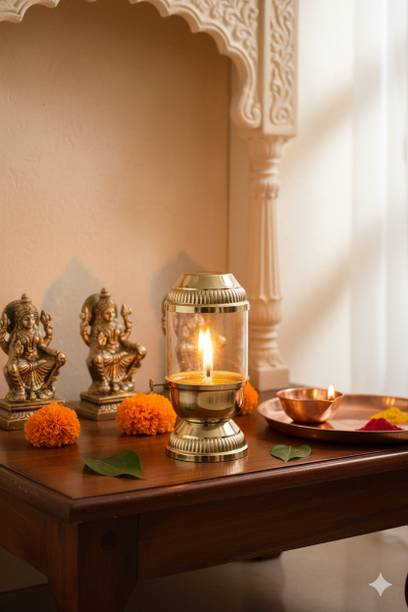 Accent Decora Pure Brass Lantern Diya Lamp with Adjustable Bati Knob & Glass Cover Brass Table Diya