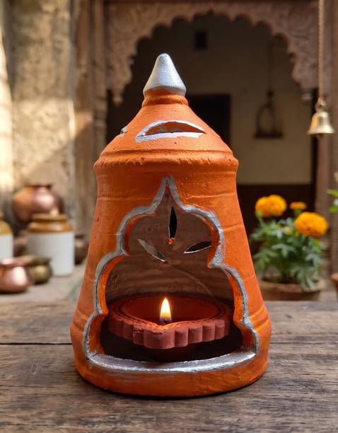 Jackcleen Mandir Diya Terracotta Clay Candle for Puja Room Decor with Decorative Lantern Terracotta, Earthenware Table Diya