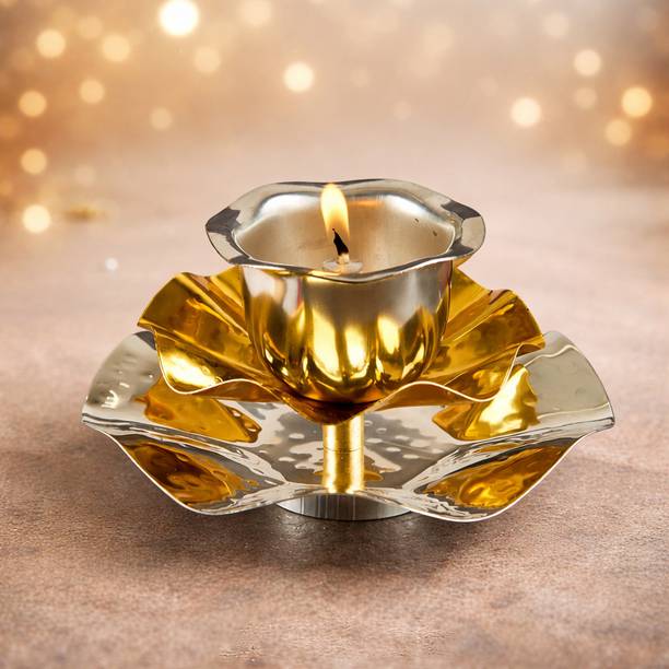 INTERNATIONAL GIFT Dual-Tone Rose Diya - Gold & Silver Plated Brass Oil Lamp Brass Table Diya