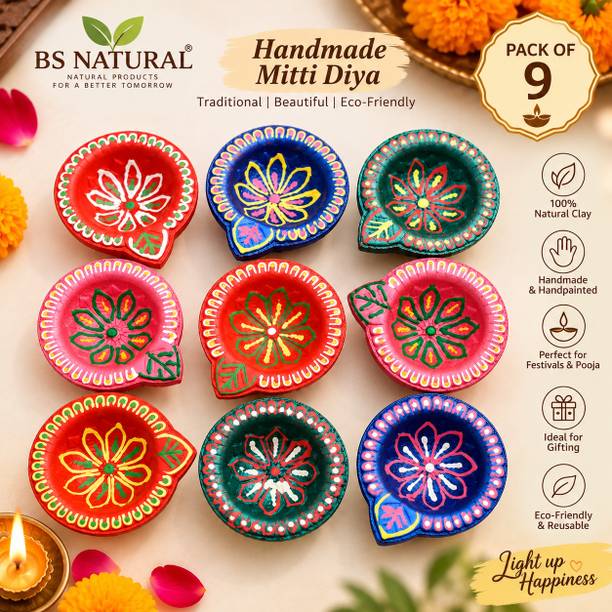 Onlinch Mitti Diya Set of 9 | Handmade Clay Earthen Diya Terracotta (Pack of 9) Table Diya Set