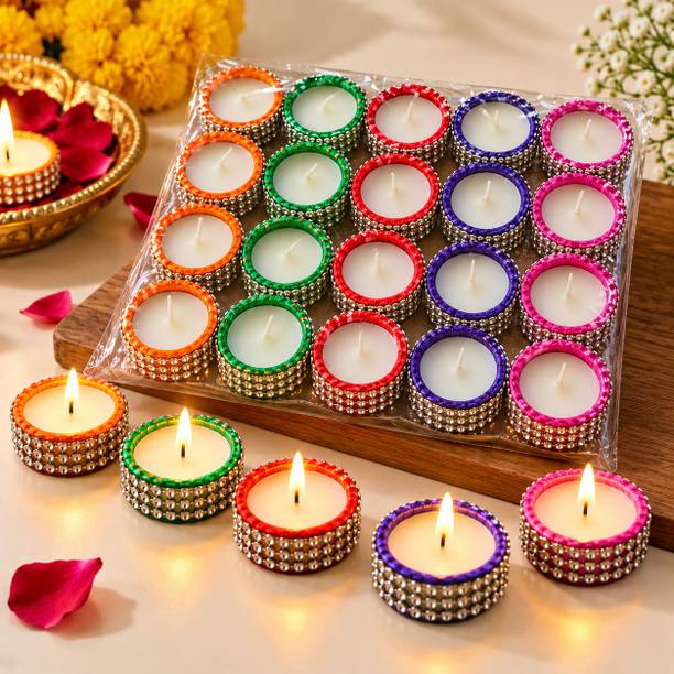 Grihva Decorative Pearl Studded Diya Candle Set for Diwali Pooja Terracotta (Pack of 25) Table Diya Set