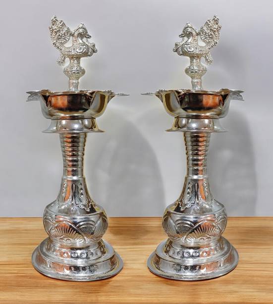 Sigaram 11 Inch Diya Made By Pure German Silver For Home Pooja Decore K4414 Silver (Pack of 2) Table Diya