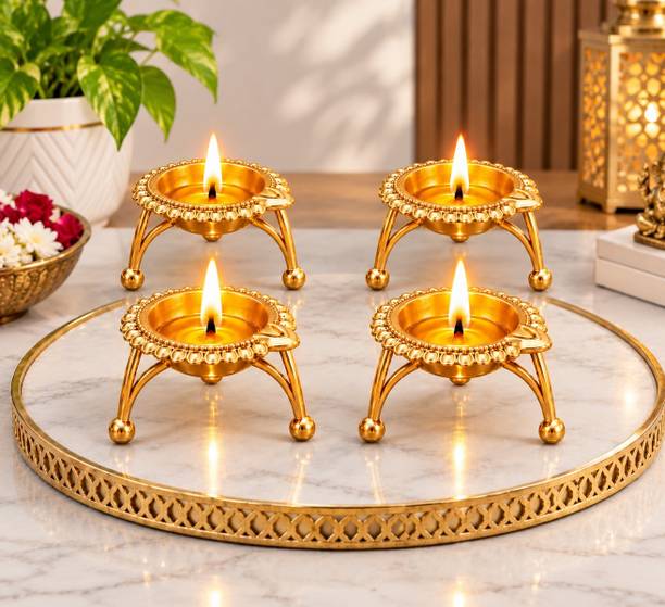 ASDM Golden Metal Diya Candle Holder Set for Diwali Pooja Home Table Decor Iron (Pack of 4) Table Diya Set