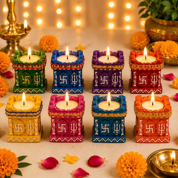 BB BACKBENCHERS Tulsi Diya For Diwali Decoration Handmade Tealight Candle Festival Diya Candle Terracotta (Pack of 8) Table Diya Set