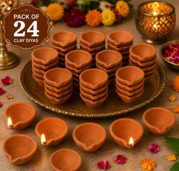 tulsi kumar Diya_01 Terracotta (Pack of 24) Table Diya Set