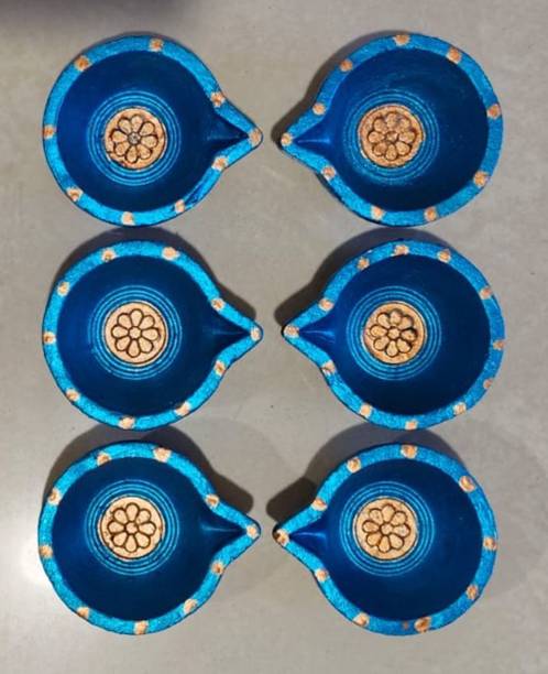 JayDeep Arts Exclusive Hand Painted Decorative Clay Diya for Diwali Karthik Pooja Festivals | Terracotta (Pack of 6) Table Diya Set