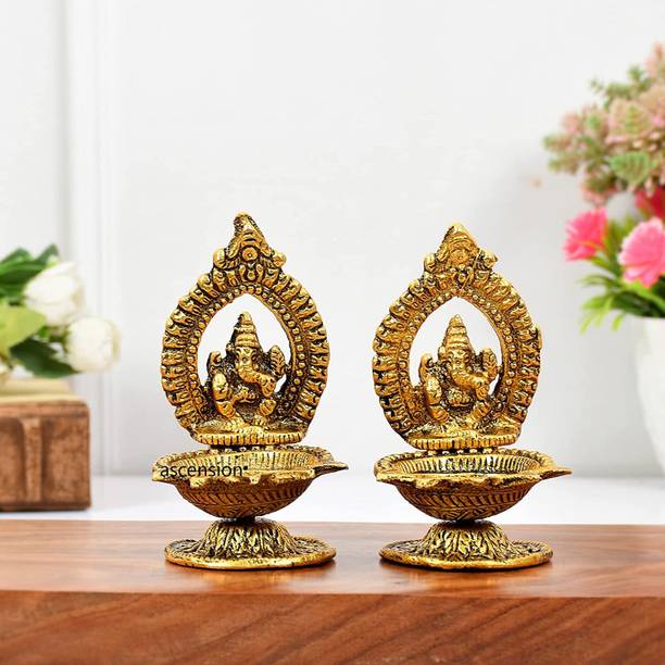 SP Handicrafts Metal Decorative Platter with Diya Set for Worship and Home Decor (Golden) Brass Table Diya Set