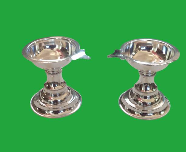 SujArta Diya / Deepam Set, Premium 2 SMALL Single Batti Tube Neelajan / Nilaanjan Set Silver Plated (Pack of 2) Table Diya Set