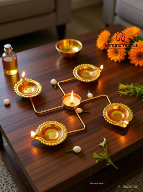 Homing Thistle Swastik Shape Golden Metal Diya Set Decorative Oil Lamps for Home & Diwali Iron Table Diya