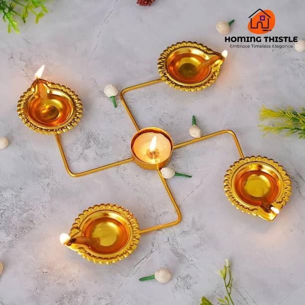 Homing Thistle Swastik Shape Golden Metal Diya Set Decorative Oil Lamps for Home & Diwali Iron Table Diya