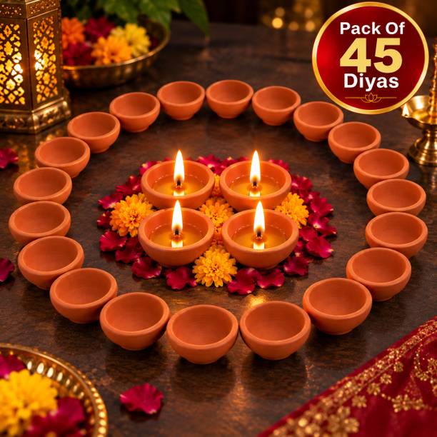 Clayva Indian Clay Diya Pack of 45 Temple Pooja Earthenware (Pack of 45) Table Diya Set