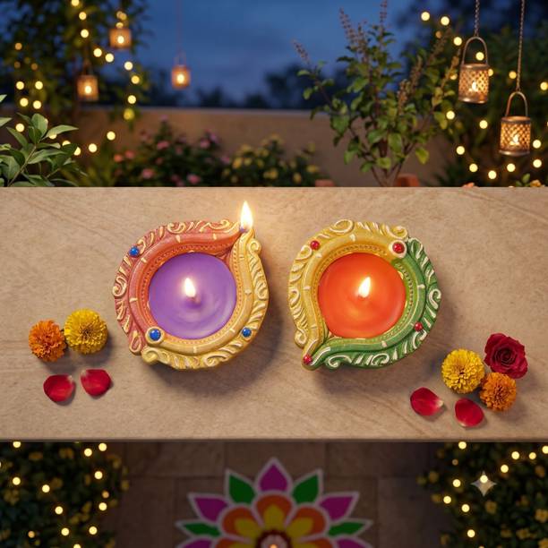 hinduportal Decorative Wax Candle Diya Pottery (Pack of 2) Table Diya Set