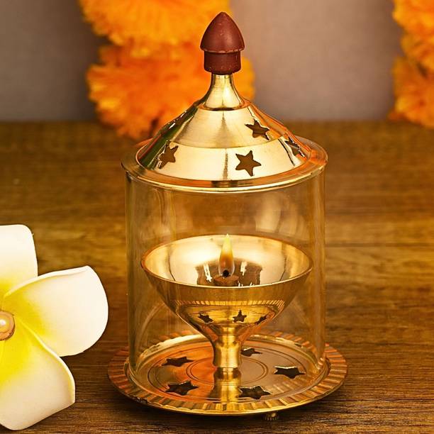 Ein Sof Akhand Jyoti Diya with Borosilicate Glass - Gold Plated Brass, Glass Table Diya Set
