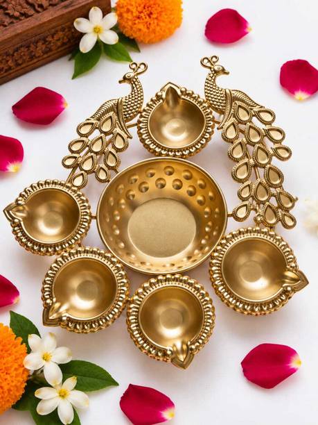 ORIONE HOM KREATION Traditional Peacock Decorative Pooja Diya Set for Festival & Temple Decoration, Iron, Gold Plated Table Diya Set