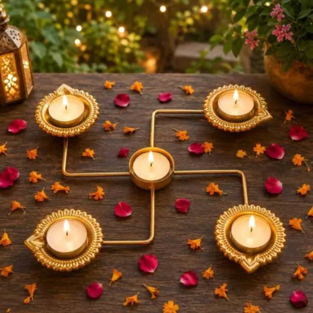 ASDM Golden Metal swastik Diya Holder Set for Diwali Pooja Home Table Decor Iron Table Diya Set