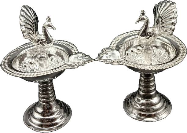 Varalakshmi German Silver Deepam For Pooja Peacock Shaped Silver Plated (Pack of 2) Table Diya Set