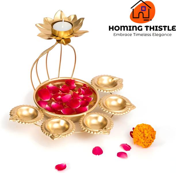 Homing Thistle Metal Lotus Tealight Candle Holder for Diwali with Base of Urli Bowl and Diya Iron Table Diya