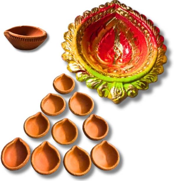 PrioMaa Big colorfull Clay Diya for Diwali Puja Festivals Terracotta, Earthenware Table Diya