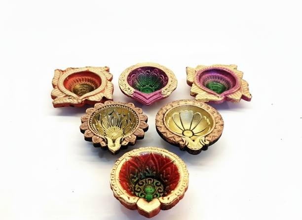 AAVITHOMES Decorative Clay Diya Set of 6 | Multicolor Hand-Painted Mitti Diye Terracotta (Pack of 6) Table Diya Set