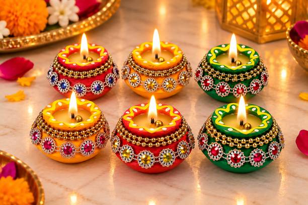 Bossify Clay Matki Candles Diya for Diwali| Diwali Puja Diya |Candles Diya Set | Candles Earthenware, Terracotta (Pack of 6) Table Diya
