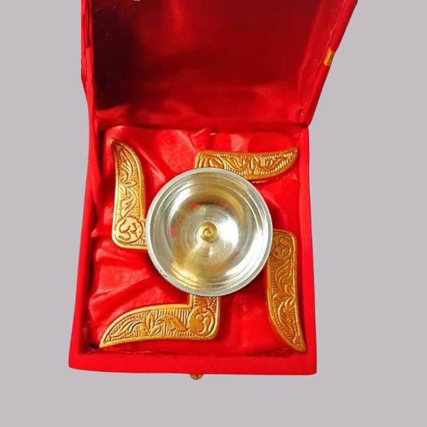 DECOREHUB Swastik Diya with Velvet Gift Box for Puja,Diwali Gift,FarewellGift Brass Table Diya