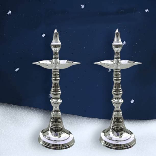 Denique Kerala Samai Silver Plated Oil/Ghee Diya, Designer Long Diyas.Pack of 2 Silver Plated (Pack of 2) Table Diya Set