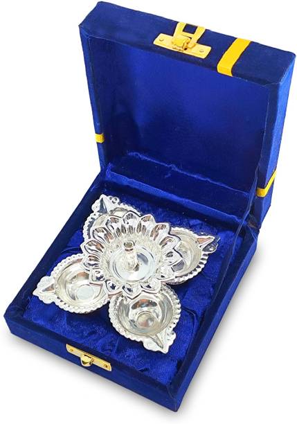 BENGALEN BENGALEN German Silver Oil Lamp with Blue Velvet Box Panchmukhi Diya Silver Plated Table Diya