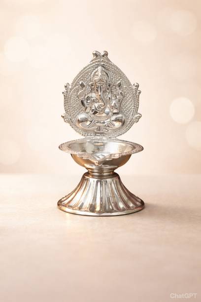 Abhiksha Creations Ganpati Deepam Diya Ganesha Oil Lamp Diya for Pooja and Home Decor Silver Plated Table Diya