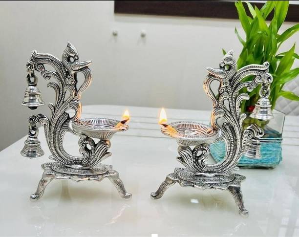 APR Creation Peacock Design Diya with Bell for Diwali Pooja/Puja Deepak, Home Temple Silver Plated (Pack of 2) Table Diya