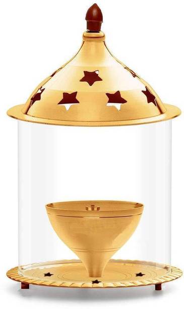 ServDharm 5.5 Inches Akhand Diya with Borosilate Glass Brass, Borosilicate Glass Table Diya