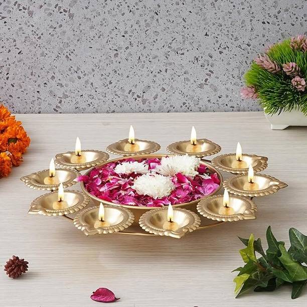 AflahHomeDecor Golden Metal Handcrafted Flower Decorative Urli with 10 Diyas Urli Bowl for Home Iron Table Diya
