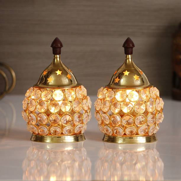 एक्राफ्टिंडिया Set of 2 Crystal and Brass Akhand Diya क्रिस्टल (2 का पैक) टेबल दीया सेट