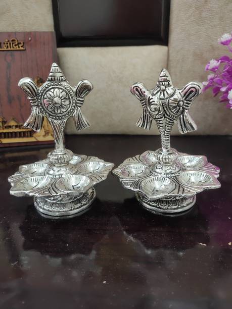 Koolwal craft Tirupati Balaji Vilakku Panch Mukhi with Shanku Stand SET of 2 Table Silver Plated (Pack of 2) Table Diya Set