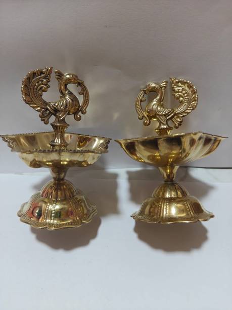 mangalyam stores Pancha Mugha peacock vilakku Brass Table Diya Set