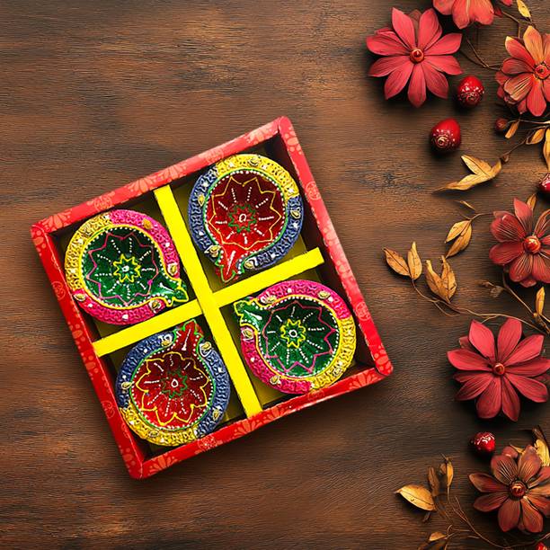 Kreyam's Decorative Clay Diya Pooja set 4 Earthenware (Pack of 4) Table Diya Set