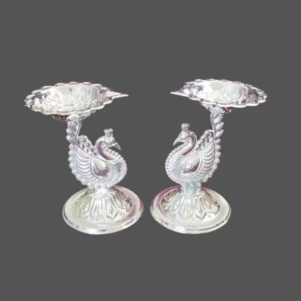 IAE Peacock Germen Silver Diyas Puja Deepam Kundulu Set Germen Silver Puja Items Silver Plated Table Diya Set