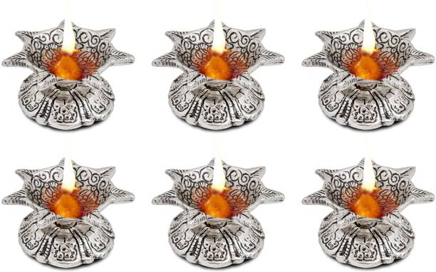 INTERNATIONAL GIFT Silver Plated ( 6 Set ) Jyot Diya | For Pooja, Mandir, Diwali, Home Aluminium (Pack of 6) Table Diya Set