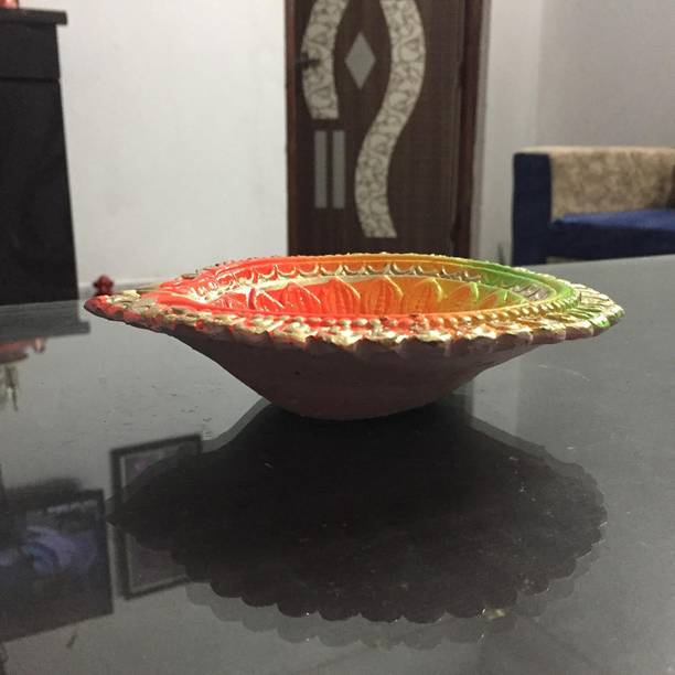 PrioMaa Big colorfull Clay Diya for Diwali Puja Festivals Terracotta, Earthenware Table Diya