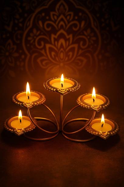 JDExport Metal 5 Ring Diya Stand Gold Finish Decorative Candle Holder for Diwali Pooja Iron Table Diya Set